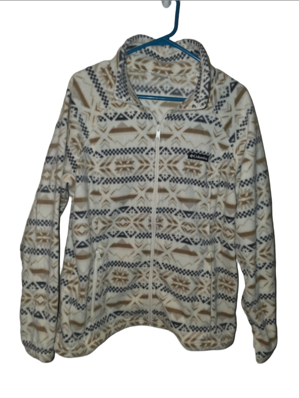 Women's Columbia Fleece Jacket XXL Beige Brown Patterned Full Zip winter fall